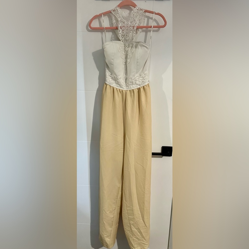 Chic Lace Bodice Jumpsuit in Cream and Tan